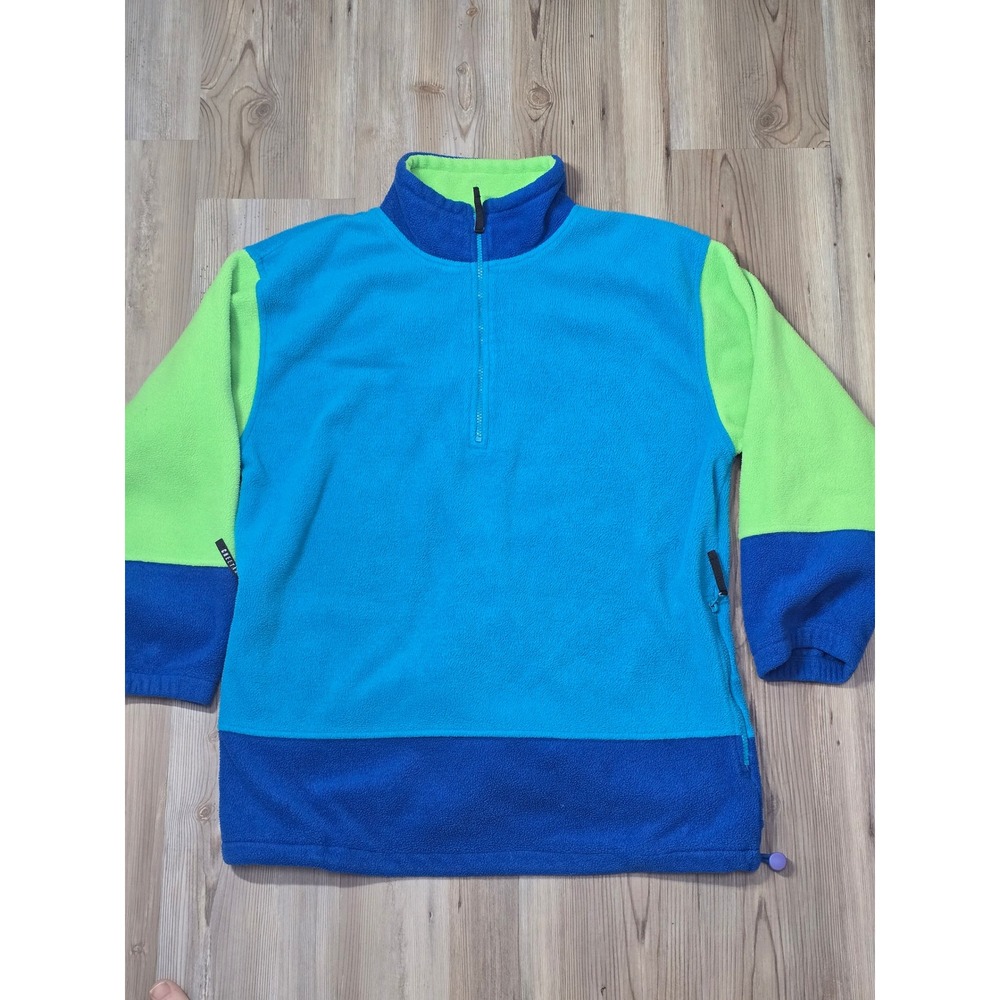 Cheetah Mens Fleece Pullover XL Quarter Zip Colorblock Blue Neon Green Vintage